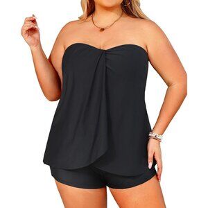 Daci Bandeau Tankini Black Swimsuit with Shorts Flyaway Size 30W NWT #2086